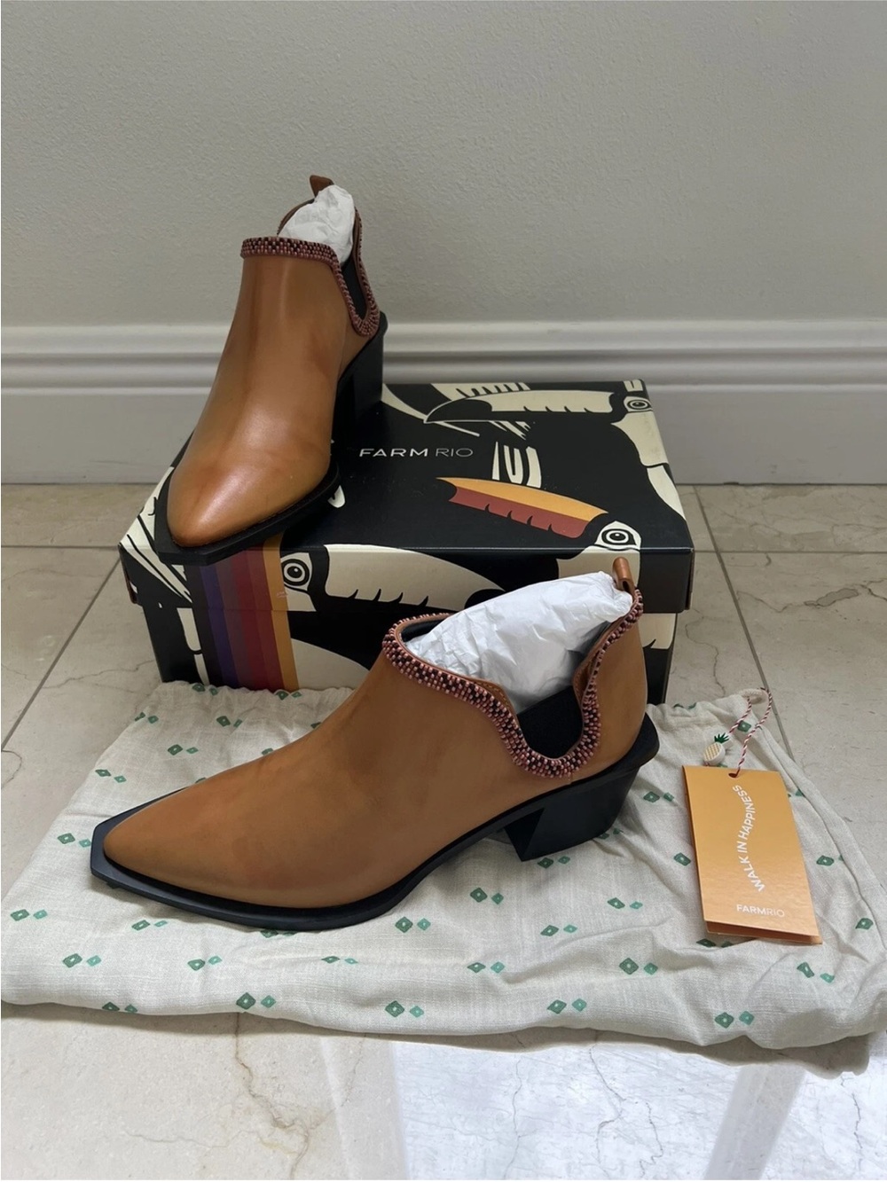 Farm Rio Caramel Low Cut Beaded Block Heel Ankle Womens Booties Size US8